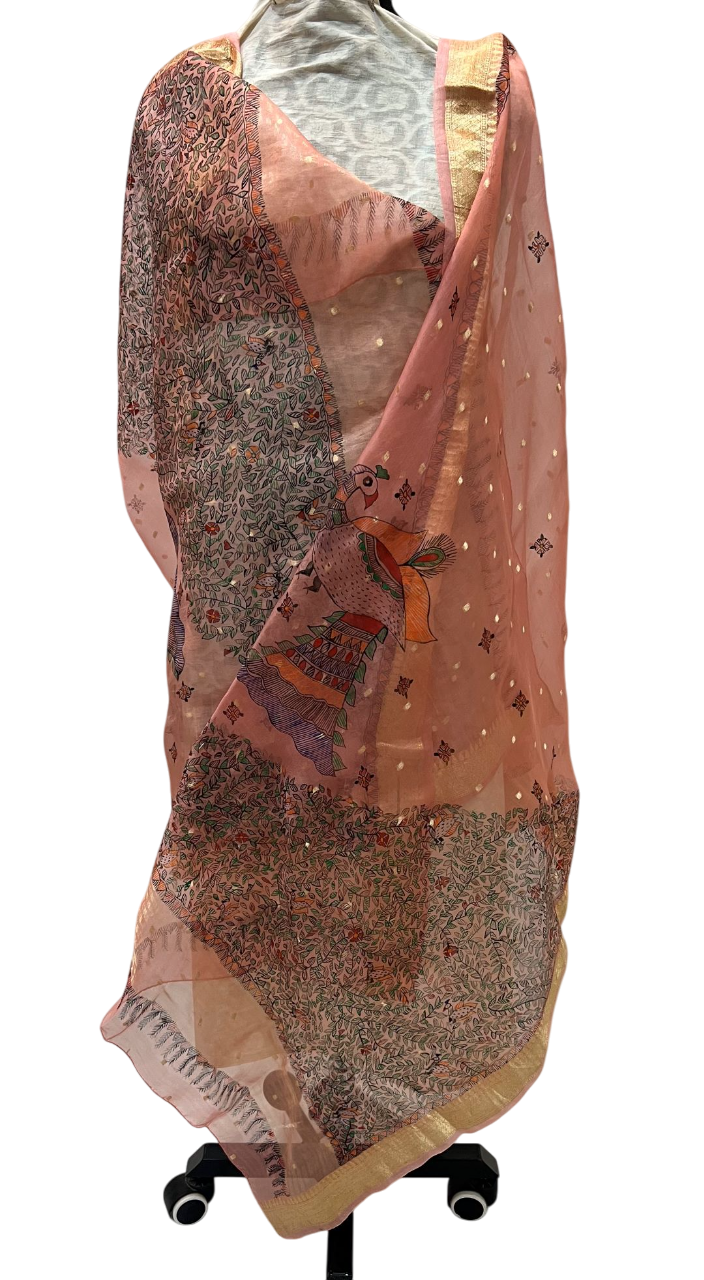 Hand-Painted Pink Organza Dupatta with weaved Zari Border